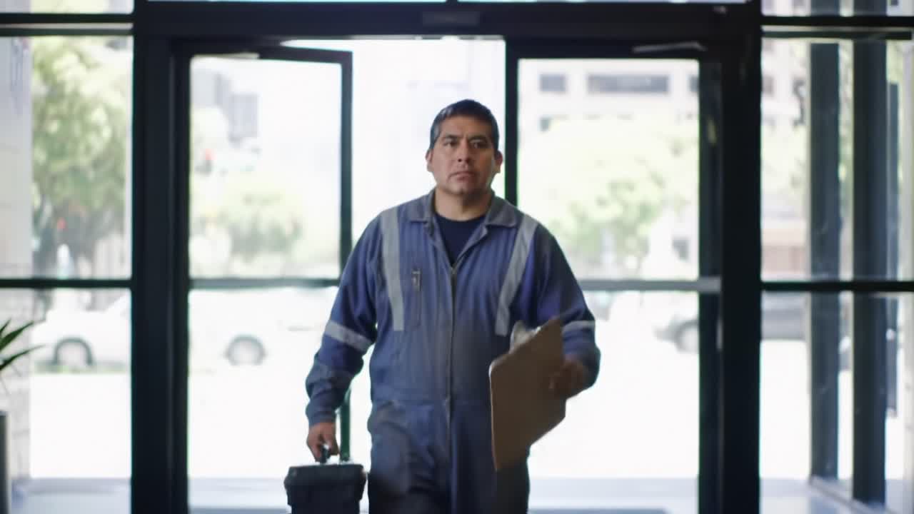 Employee in Uniform Carefully Reviews Documents While Entering a Brightly Lit Office Building, Showcasing Professionalism and Attention to Detail