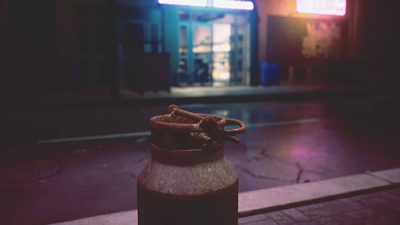 City street at night with a focus on a rustic jar in the foreground