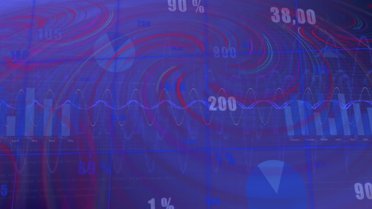 Animation of waves over financial data on blue background