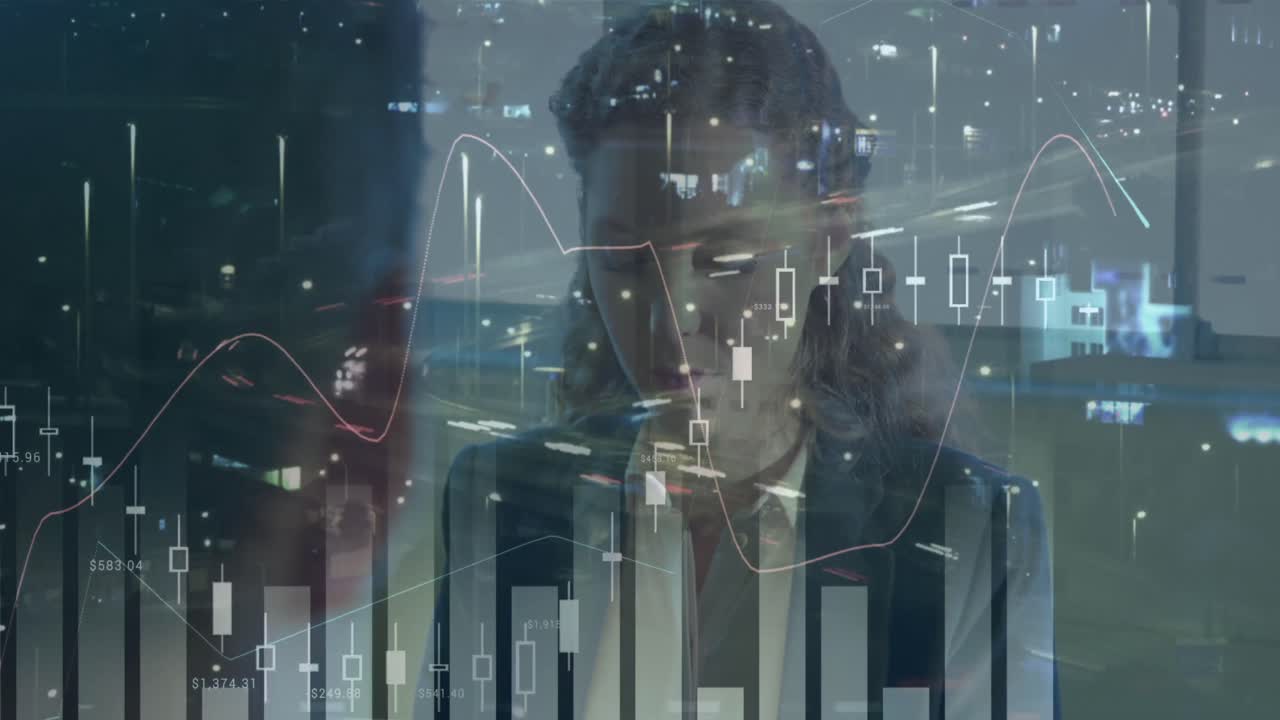 Animation of financial data over caucasian businesswoman and road traffic