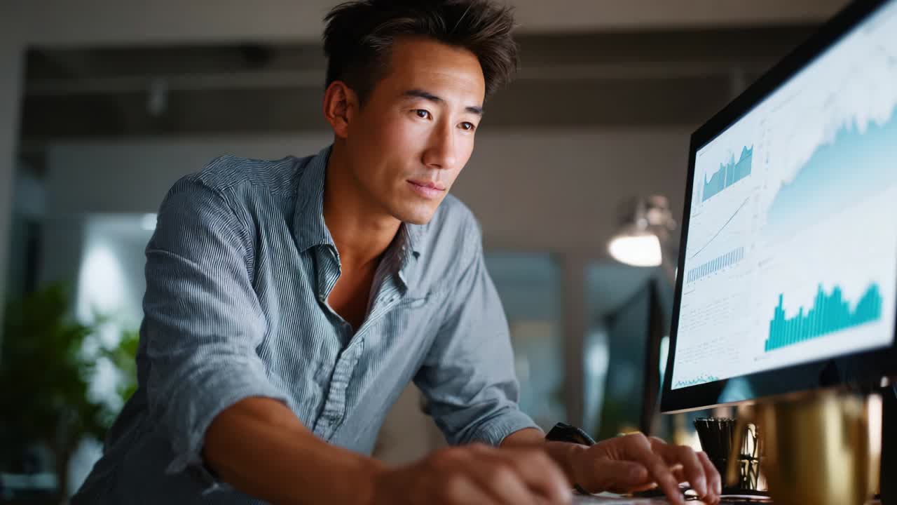 Focused Professional Analyzing Data on Computer Screen, Engaged in Work with Graphs and Charts Displaying Insights and Trends in a Modern Office Setting