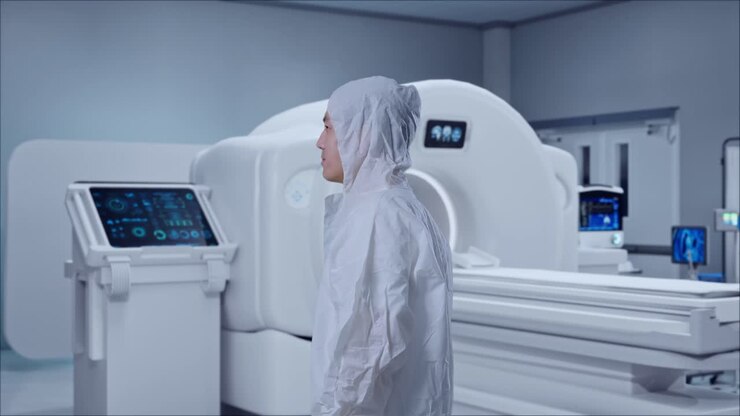 Profilo di scienziato asiatico che si guarda intorno accanto a una macchina per la risonanza magnetica in ospedale.