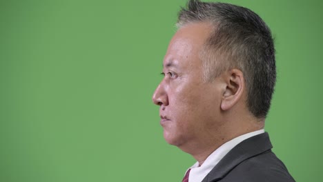 profile view of mature japanese businessman against green background