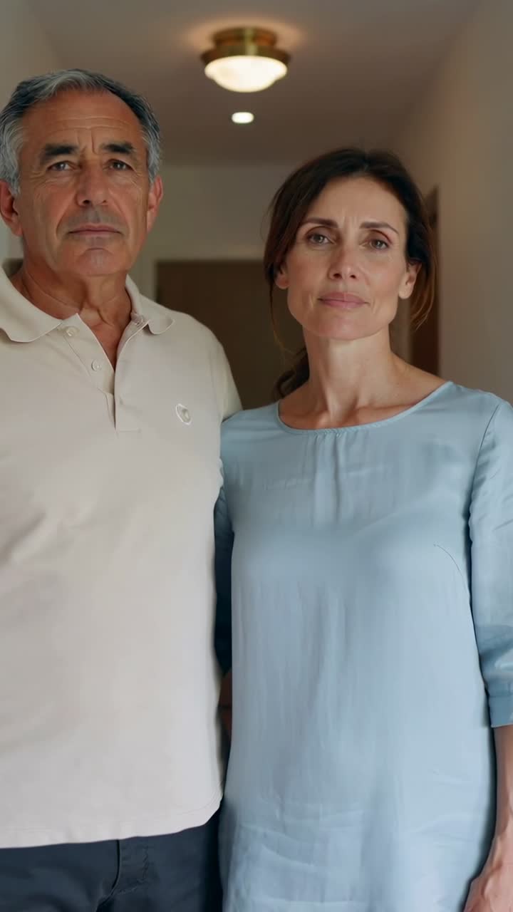 Vídeo vertical: casal em pé posando enquanto a câmera grava em um saguão sob a luz do teto, camisa polo, vestido