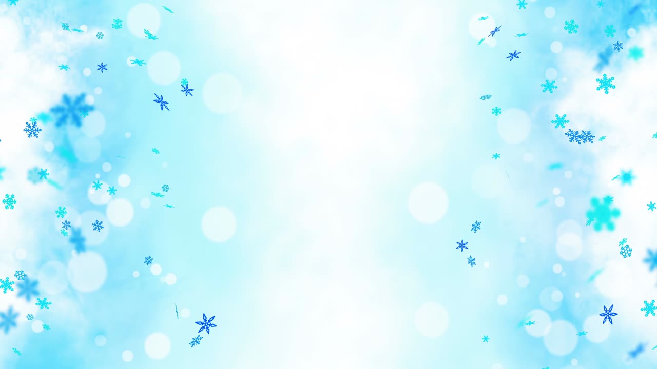 Bunte helle Schneekristalle schweben im Winterhintergrund mit Sonnenreflexen. Wunderschöne Naturkulisse. Illustration Winterschneeflocken. Loop-Animation