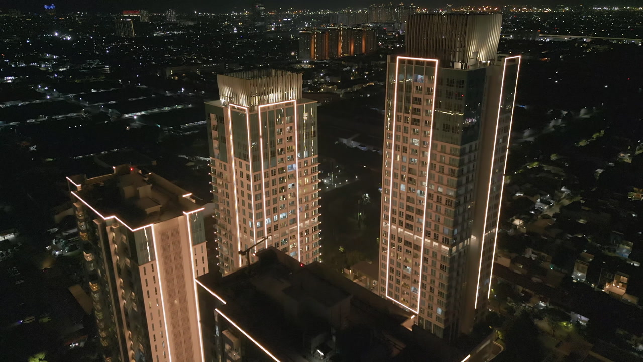 Kelapa Gading Apartment Towers Night Jakarta Indonesia Drone Track Forward 4K 30FPS