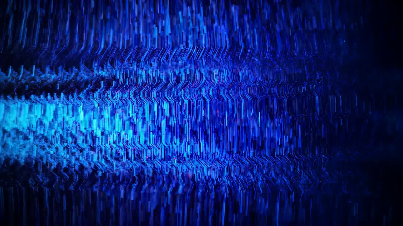 Upon activation, glowing blue beam materializing in dark space, rippling into glitch and recohering