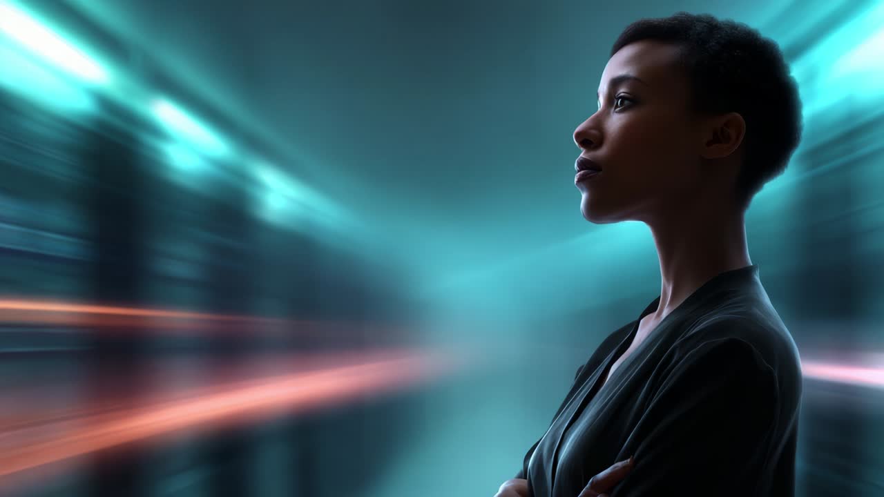 In a Dimly Lit Environment, a Young Woman Stands with Crossed Arms, Gazing Thoughtfully Into the Future, with Soft Light Variations Creating an Atmosphere Full of Mystery and Possibilities