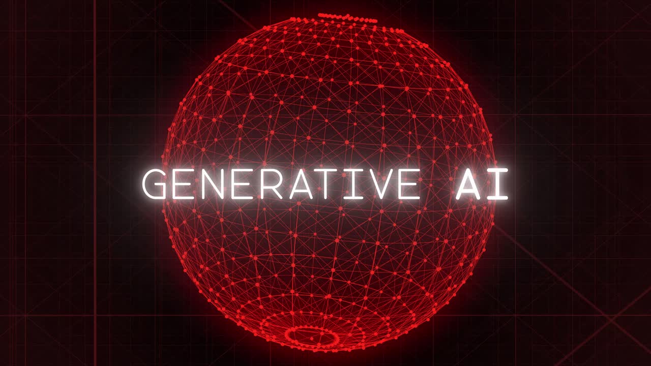 "ai generativo" aparece en la pantalla como una esfera roja ominosa anima detrás de él