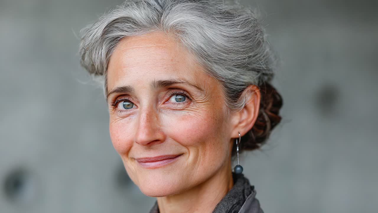 Portrait Capture of a Mature Woman with Radiant Smile, Emphasizing Natural Beauty and Confidence Against a Subtle Textured Background