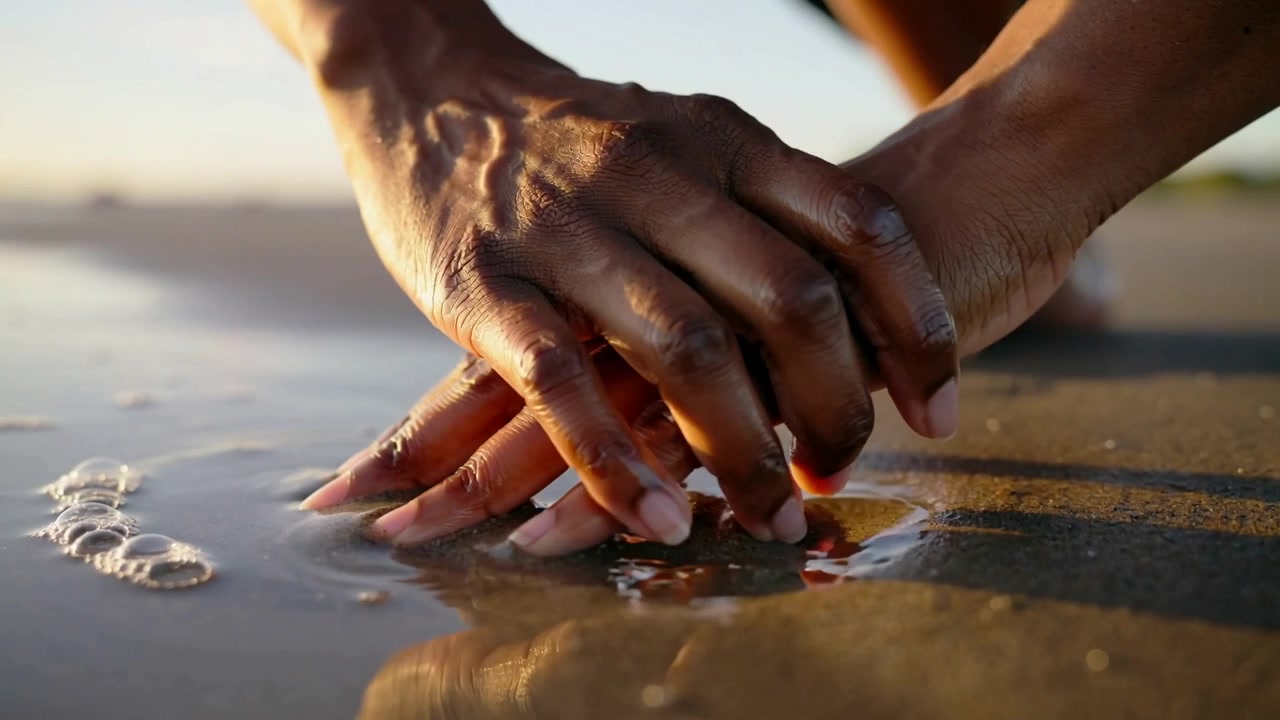 Touching adult hands grazing water film at shoreline, cupping spiral shell, freeing from wet sand