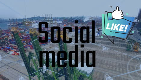 animation of social media and like over harbour and dock