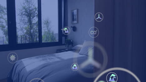 smart home automation animation over modern bedroom with large window and white bed