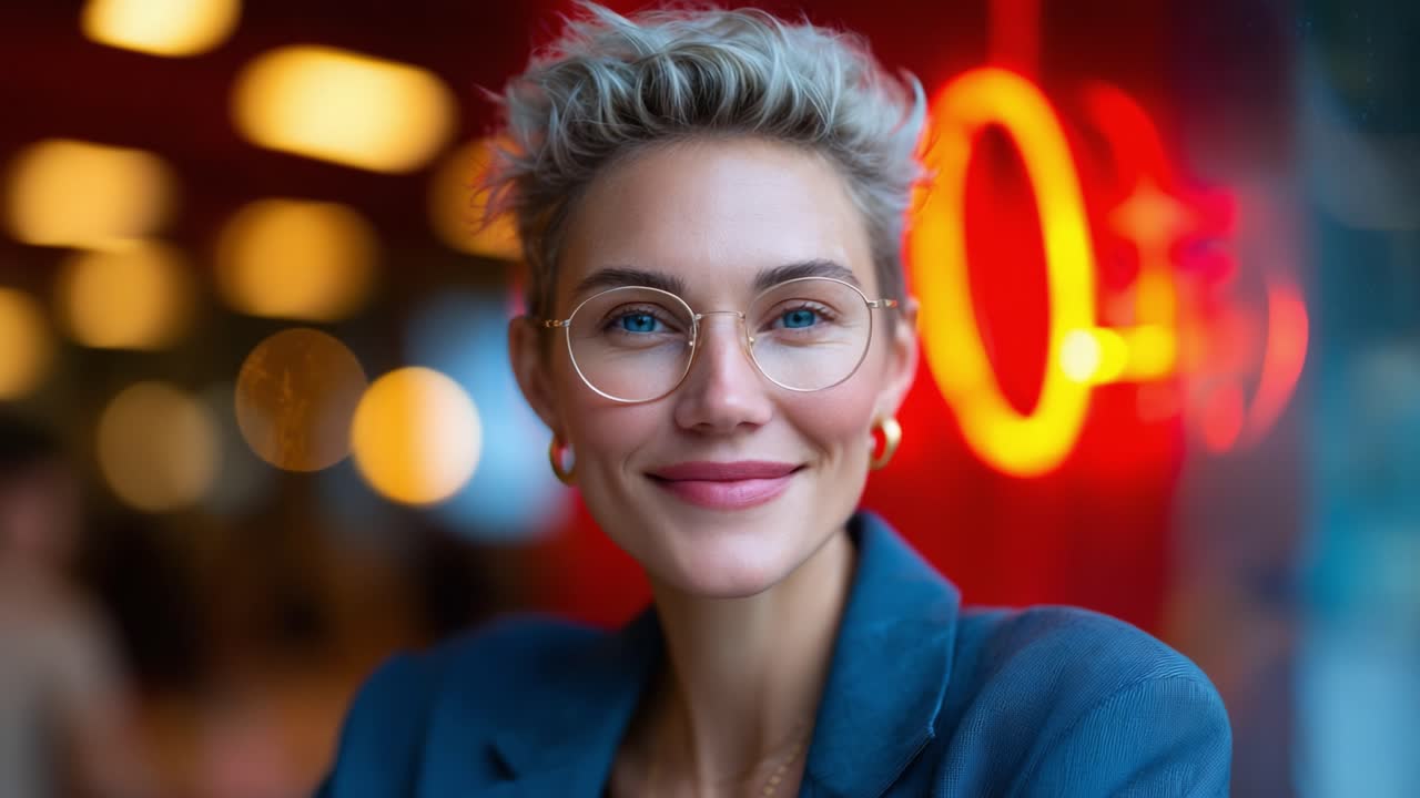 A Confident Young Woman with Stylish Short Hair and Glasses Smiles Charming at the Camera Against a Colorful Blurred Background in a Modern Setting