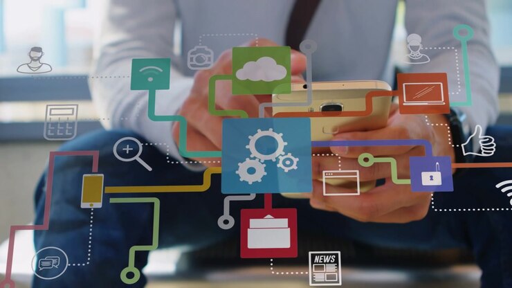 Animation of tech icons and connections over midsection of caucasian businessman using smartphone