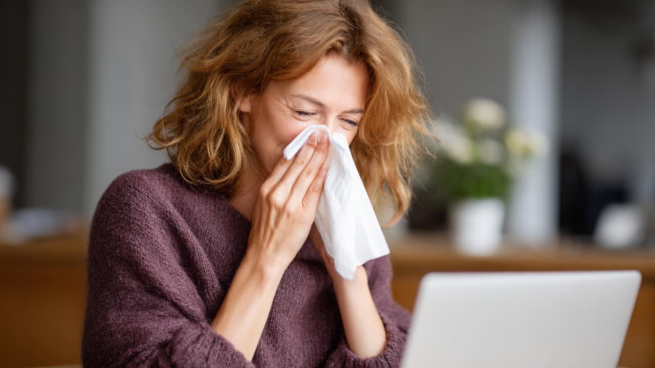 A Young Woman Struggles with Allergies While Working at Her Laptop, Sneezing into a Tissue, Showcasing the Emotional and Physical Toll of Allergic Reactions