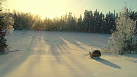 Una-Plataforma-Rodante-Aérea-Que-Revela-Un-Hermoso-Paisaje-De-Bosque-Nevado-Con-La-Luz-De-La-Tarde-Atravesando-Mientras-Nieva