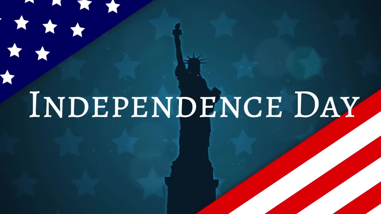 Animation of U.S. flag opening up, showing words Independence Day and a Statue of Liberty
