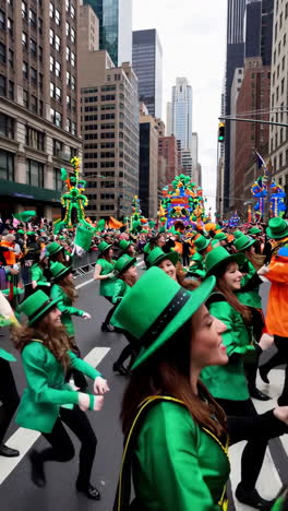 st. patrick's day parade with dancers and floats in a city