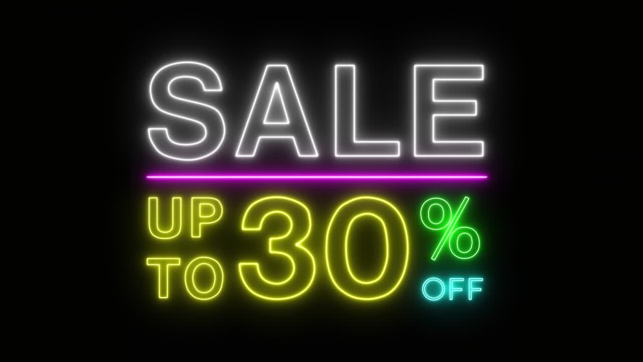 Kilatan diskon hingga persen tanda neon menyala warna-warni spanduk bergerak di latar belakang hitam untuk video promosi. Konsep promosi merek seri diskon 10-90%