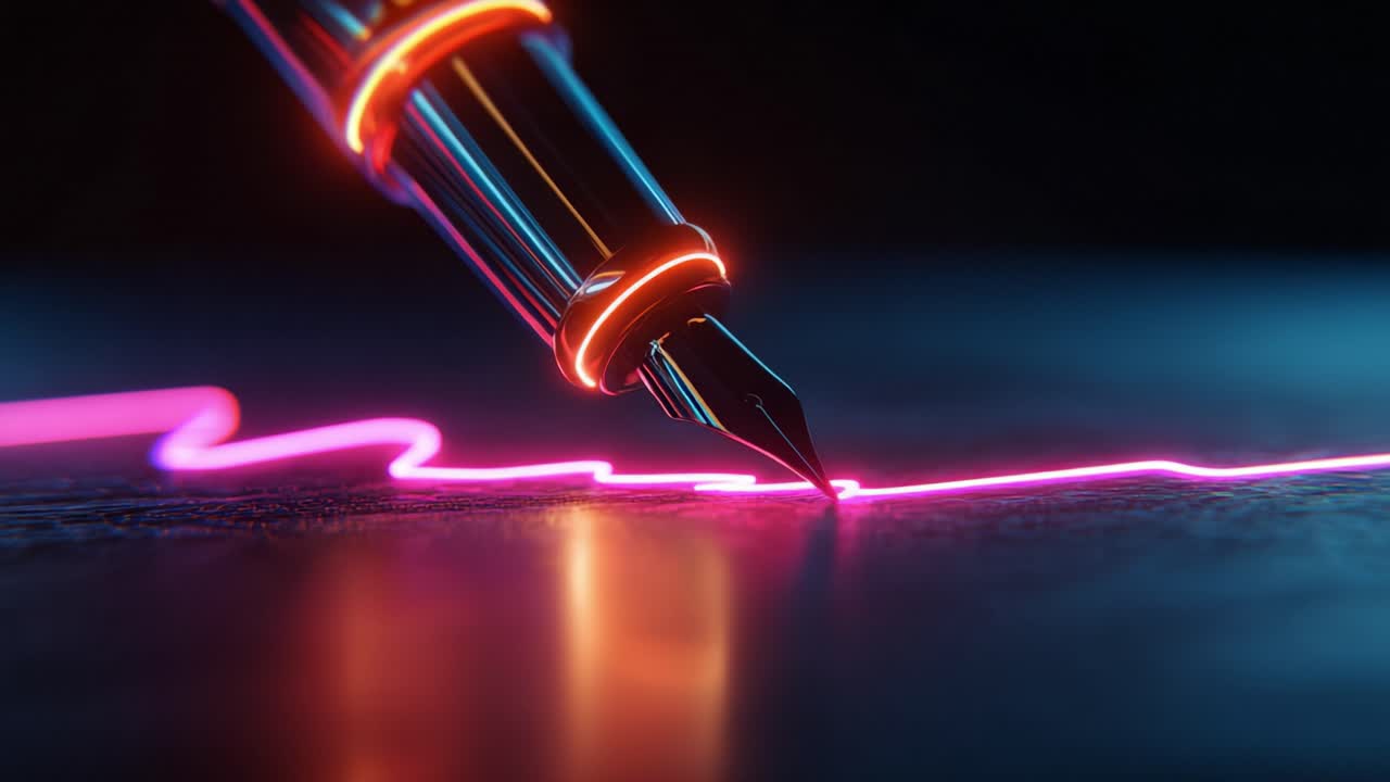 Close up of a stylish fountain pen with glowing orange and blue details writing a continuous, vibrant pink neon light signature on a dark, reflective surface in a futuristic, modern setting