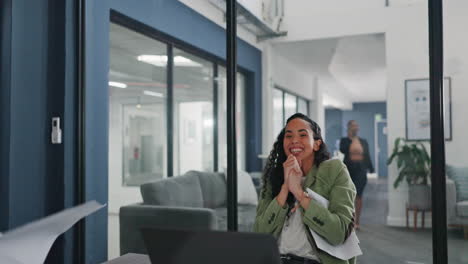 Laptop,-celebration-or-happy-woman-throw-documents