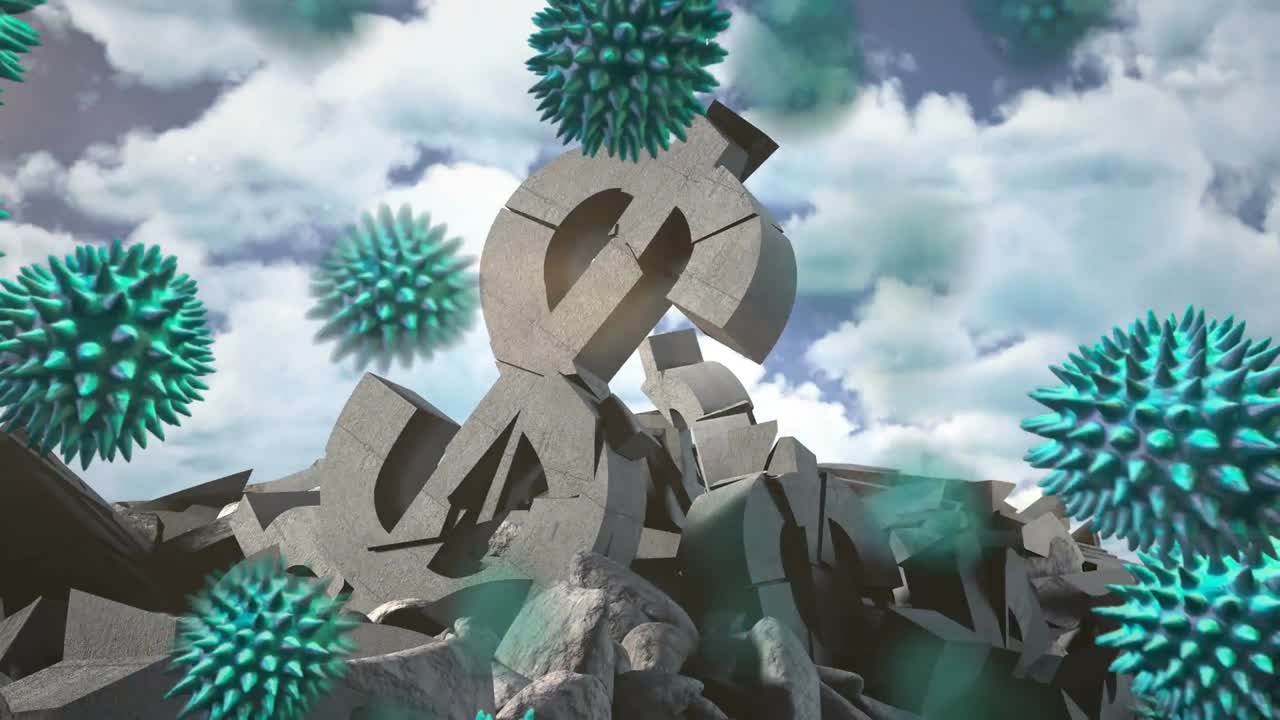 여러 코로나19 세포가 파란 하늘의 구름에 맞춰 부서진 달러 통화 기호 위에 떠다니고 있습니다.