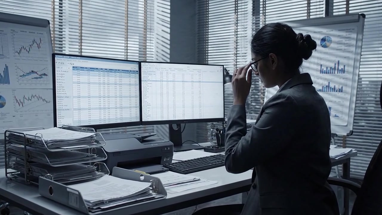 Focused Business Professional Analyzing Financial Data on Dual Monitors in a Modern Office Environment Surrounded by Documentation and Reports
