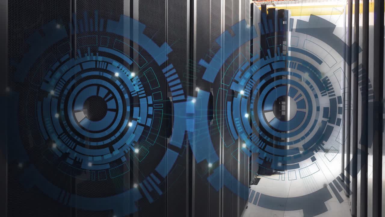 Animation of two round scanners spinning against computer server room