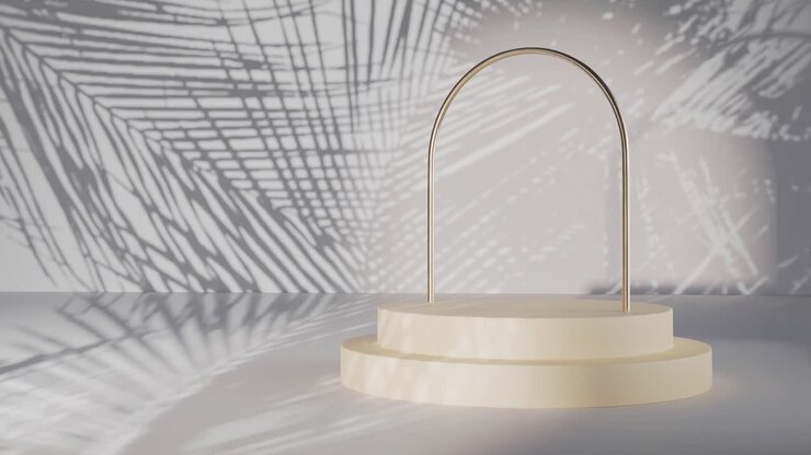 Podio espositivo minimalista color bianco sporco come sfondo per prodotti cosmetici, rendering 3D, illustrazione, loop di animazione