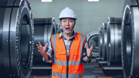 안전 헬을 입은 아시아 남성 엔지니어가 카메라에 미소 짓고 금속 공장에서 서서 와우라고 말합니다.
