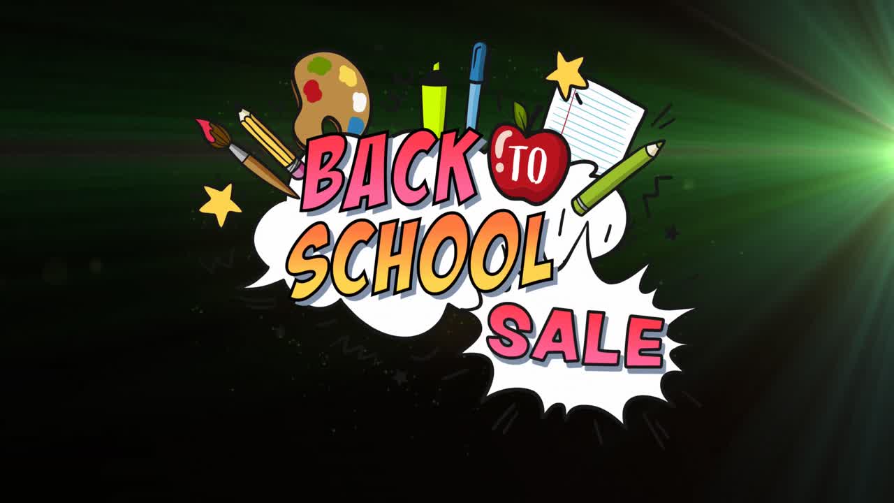 초록색 빛의 반점과 불꽃놀이가 폭발하는 학교로 돌아가는 텍스트 배너의 애니메이션