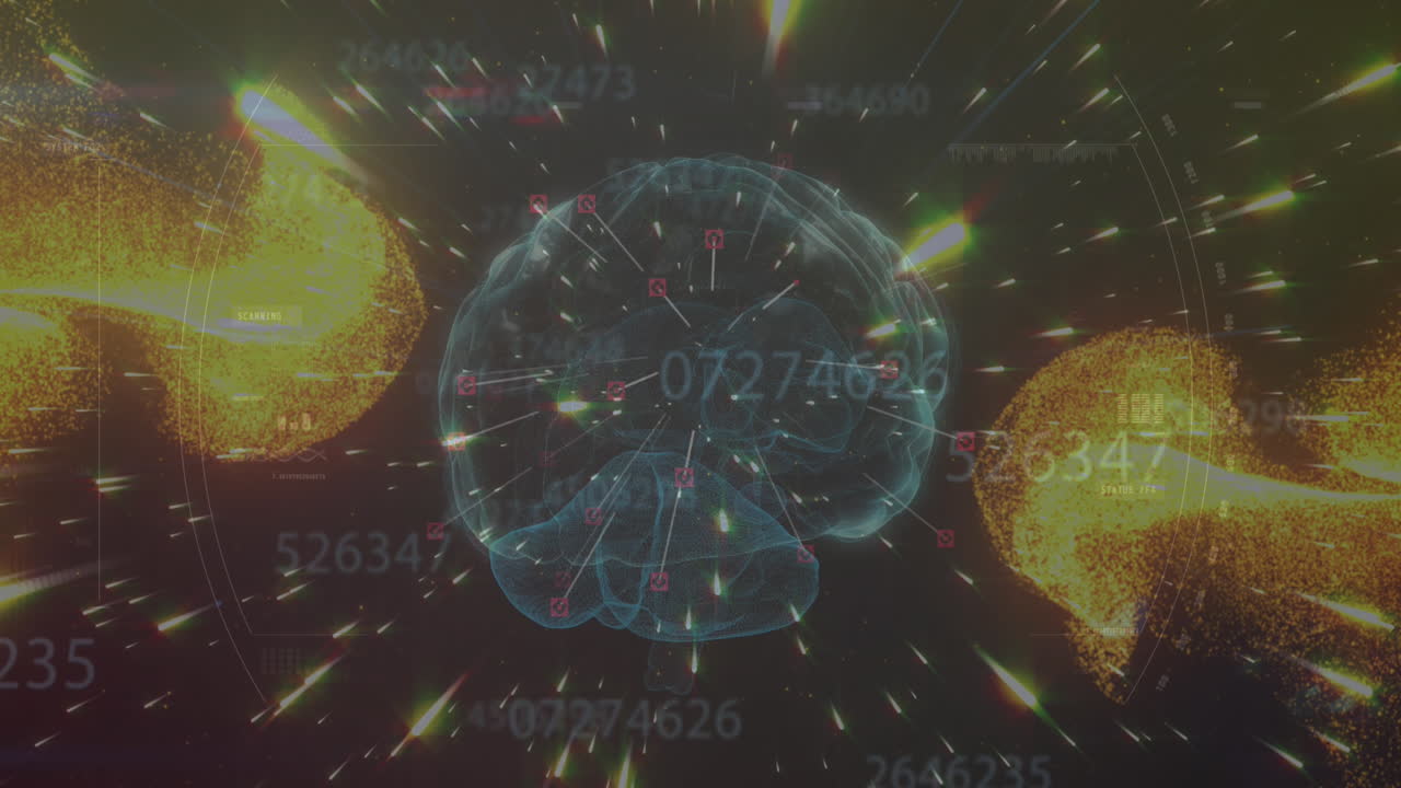 빛나는 노란색 입자와 불빛을 통해 뇌와 데이터 처리의 애니메이션