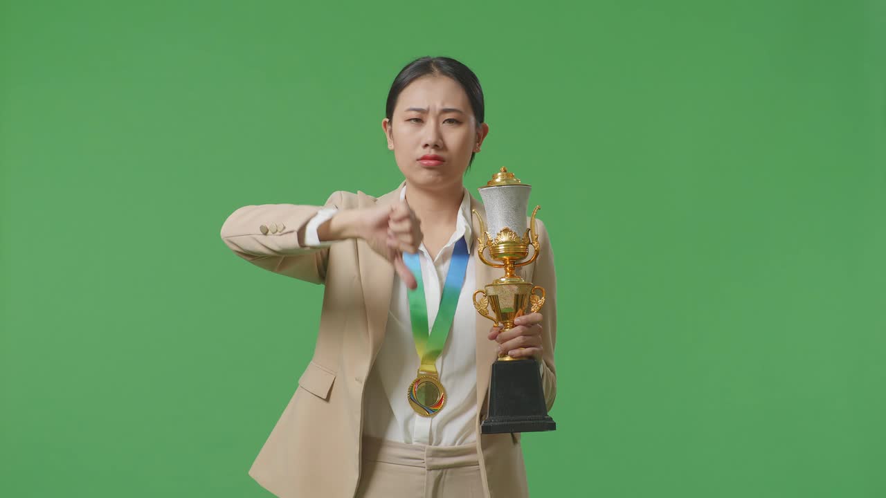 금메달과 트로피를 입은 슈트를 입은 아시아 사업가 여성이 스튜디오의 녹색 스크린 배경에서 패자를 조롱하기 위해 엄지손가락을 아래로 보여주고 있습니다.