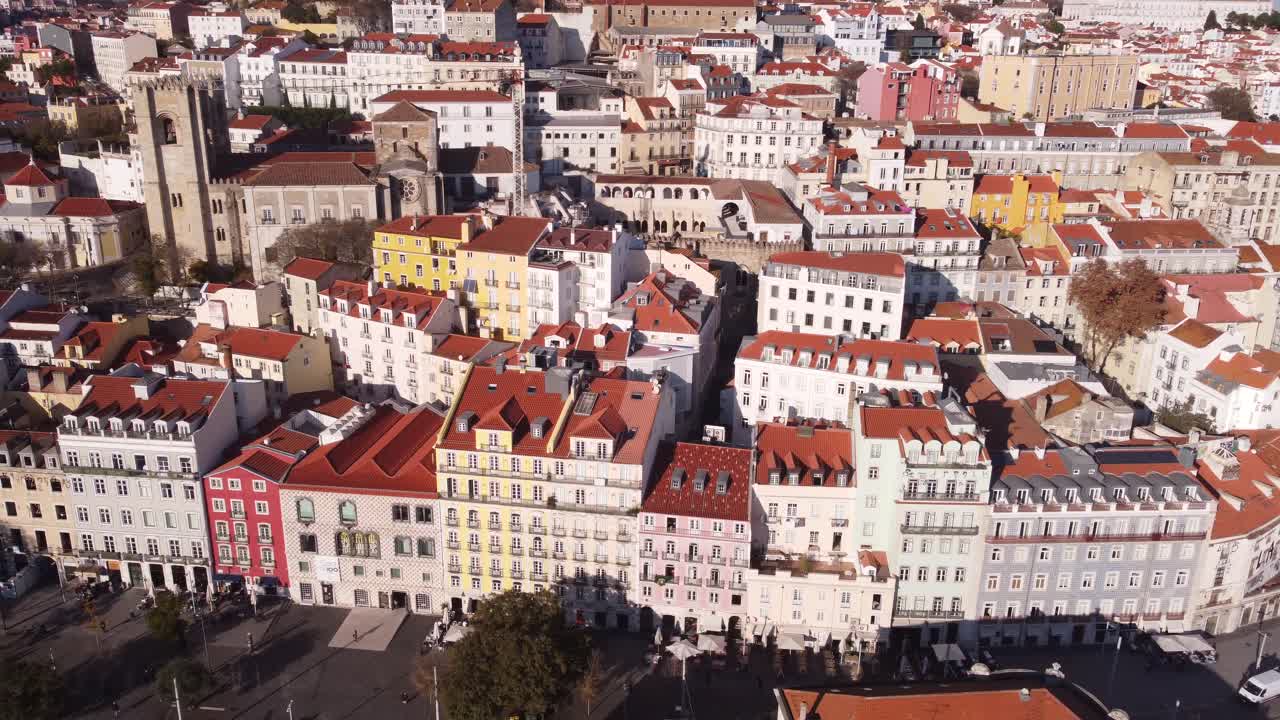 Casa dos Bicos José Saramago Foundation facade filmed from high above on a bright sunny day in the alfama district of Lisbon Portugal Europe