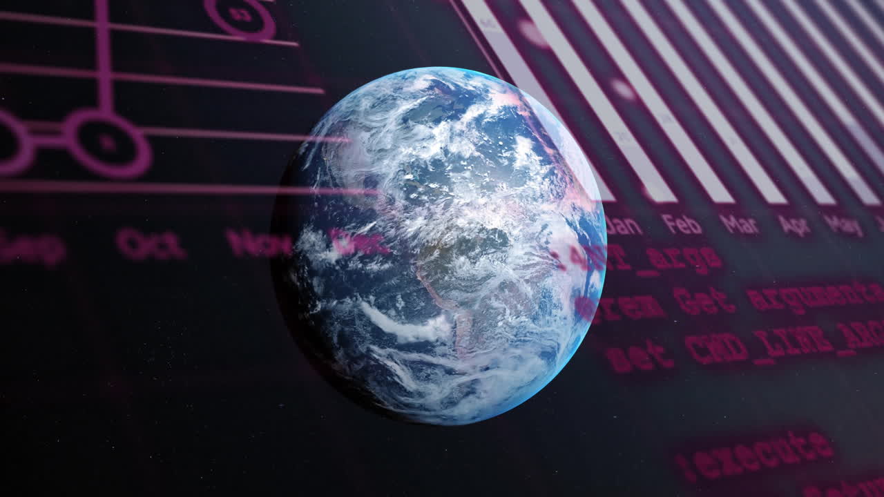Rotating Earth animation over financial data and calendar in background