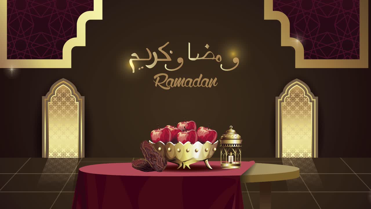 ramadan kareem lettere con cibo in ciotola d'oro