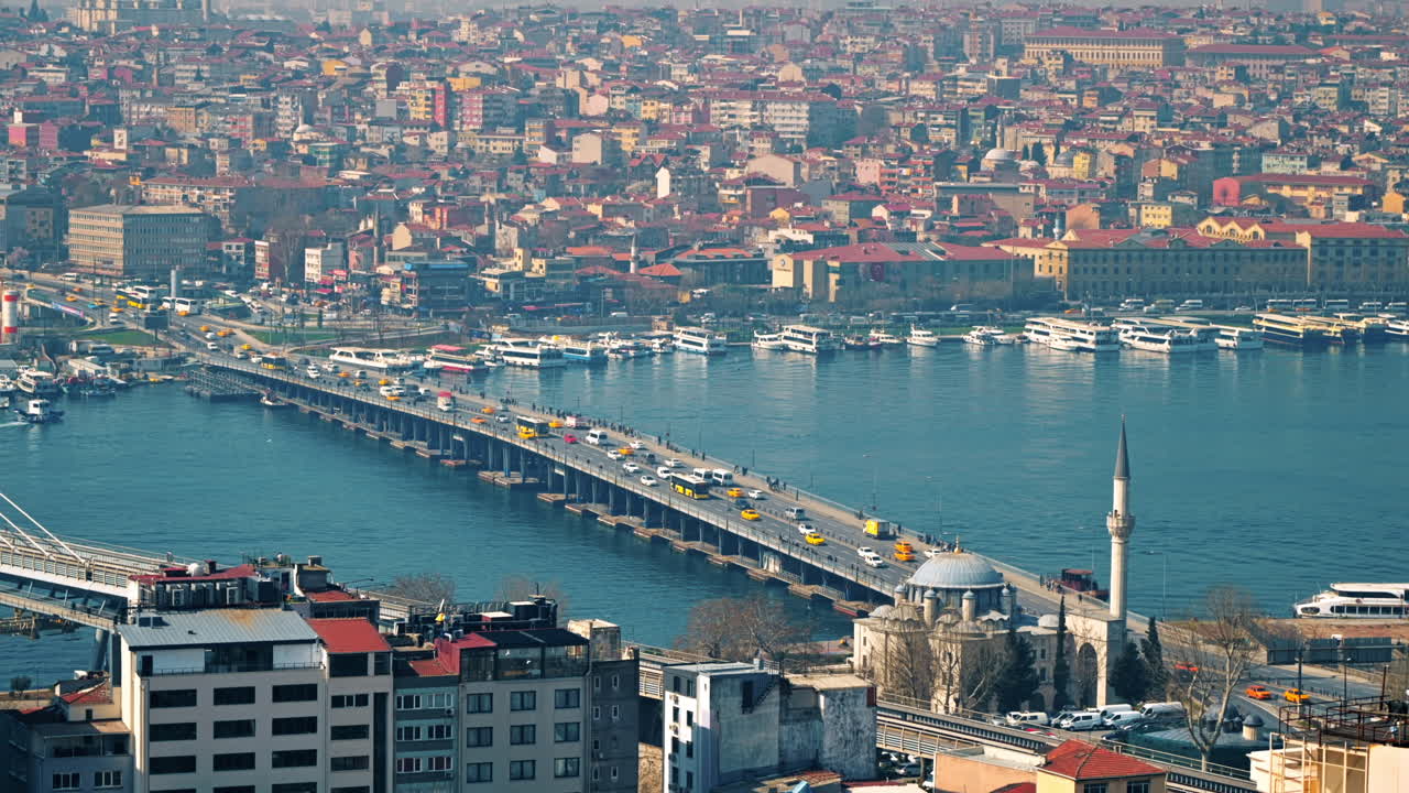 Cityscape of Istanbul, Turkey. Bosporus strait with bridges and moving cars, buildings