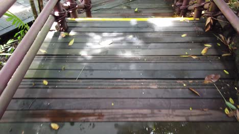 Pov-shot-of-walking-on-old-pier-on-dark-forest-lake