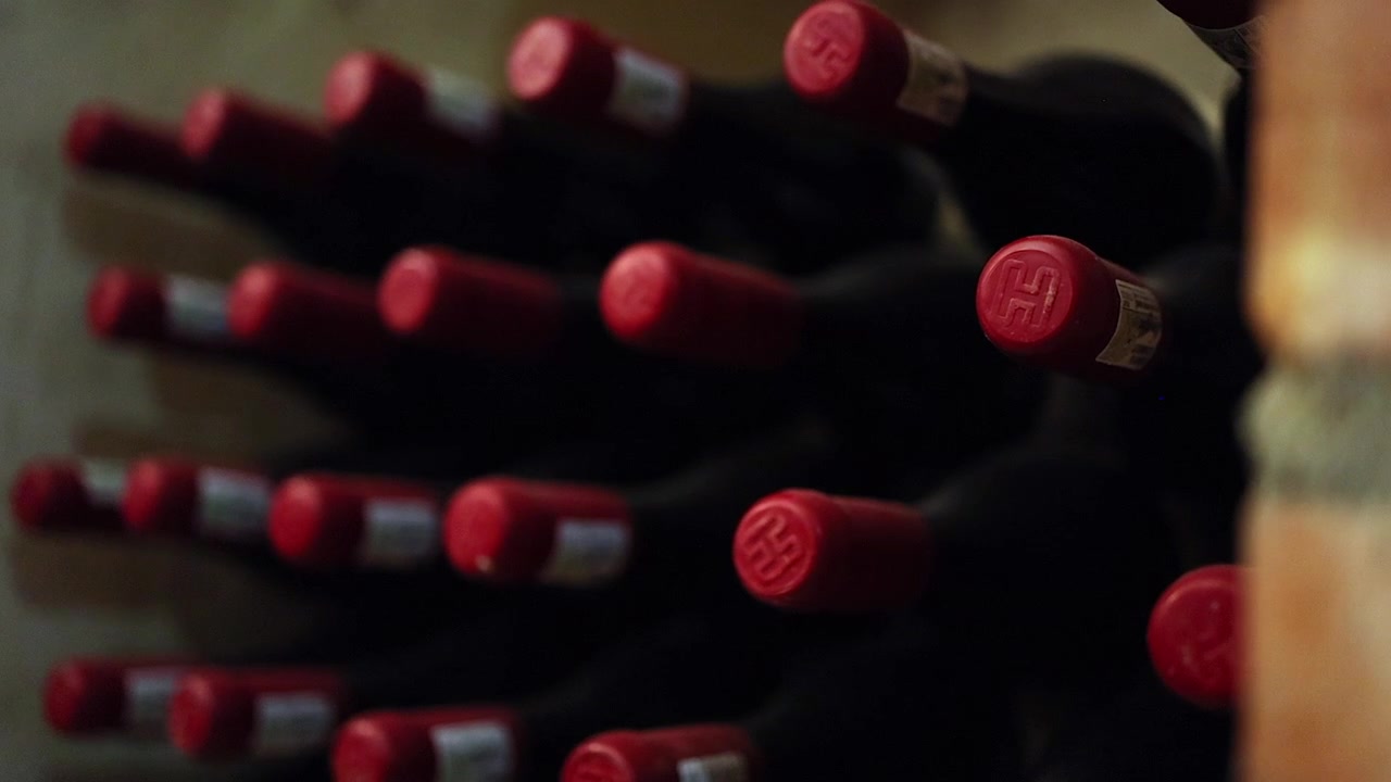 Detalle con enfoque estrecho de botellas de vino tinto envejeciendo en un estante, con el logo H en la tapa.