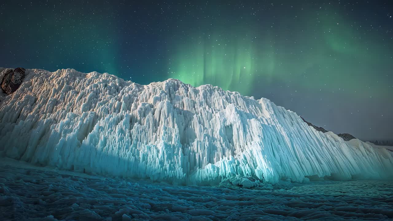 Glowing large serrated ice wall shifting highlights at glacier forefield, aurora brightening above