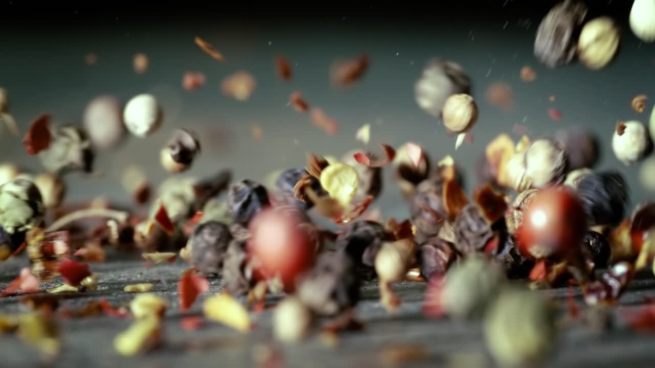 granos de pimienta mezclados en cámara súper lenta. granos de pimienta mezclados secos de cerca.