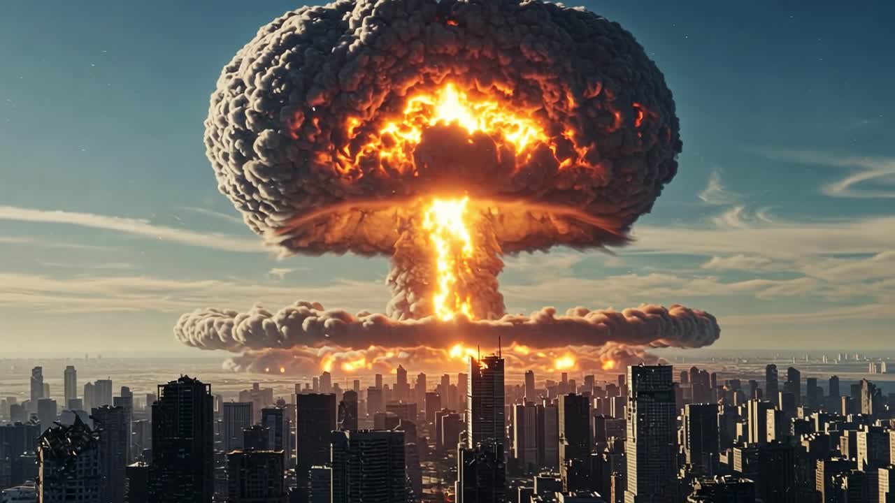 Powerful nuclear explosion seen above urban skyline during daytime with dramatic clouds and fiery eruption