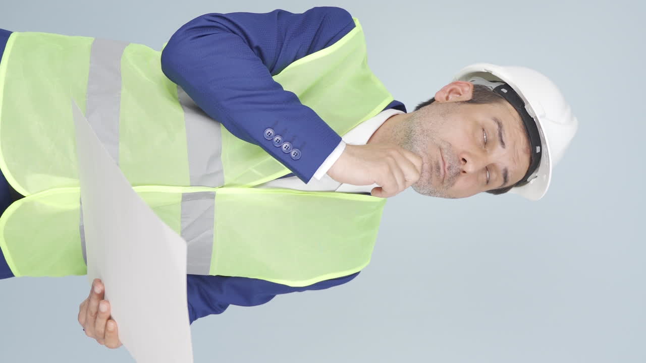 건설을 지켜보는 엔지니어의 수직 비디오는 사려 깊습니다.