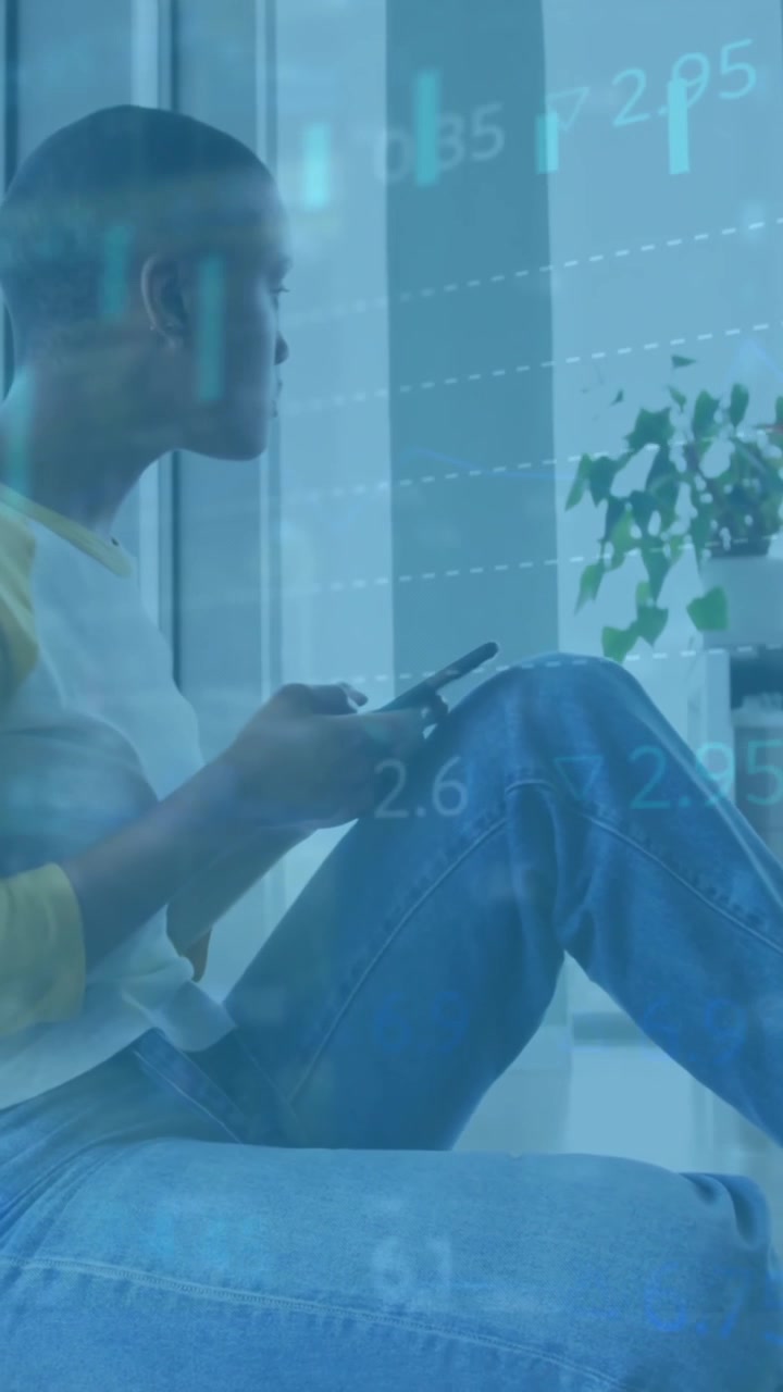 Animation of financial data processing over businesswoman using smartphone in office