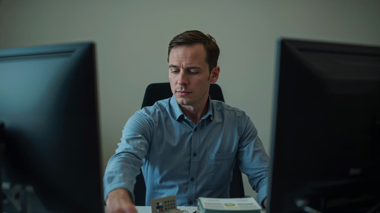 Watching monitors, man in blue shirt in office shifting gaze, reaching for device, checking alert