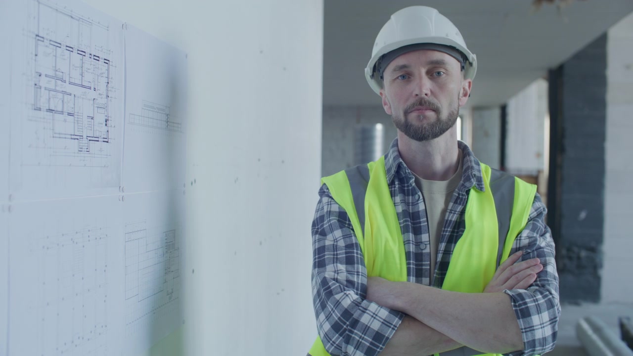 Portrait of Construction Worker Standing by Architectural Plans on Site