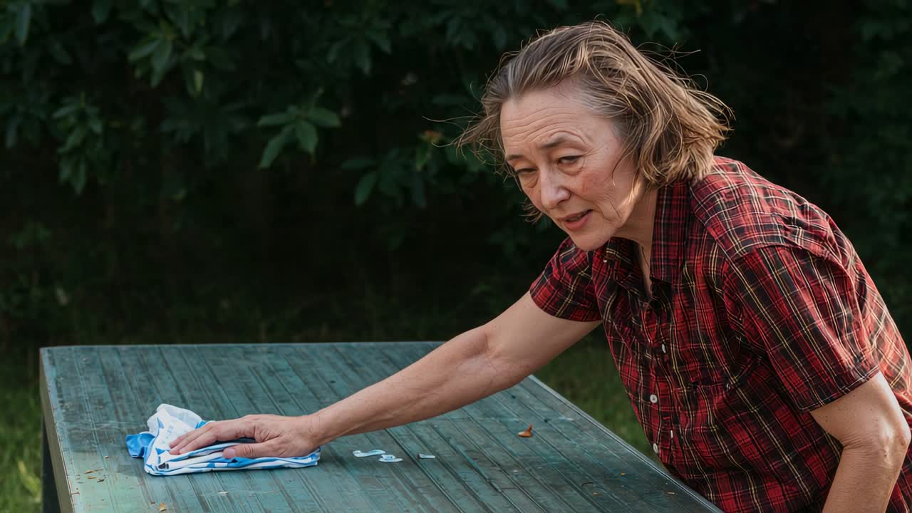 Placing blue cloth, woman in red plaid shirt wiping green picnic table in garden, clearing debris