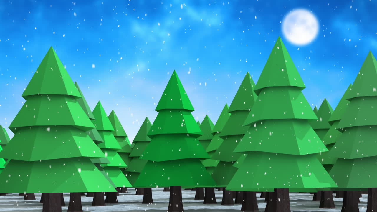 Digital animation of snow falling over rows of trees against blue sky in background