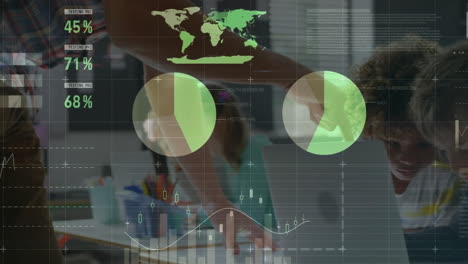 animation of multicolored infographic interface, diverse teacher teaching students using laptop